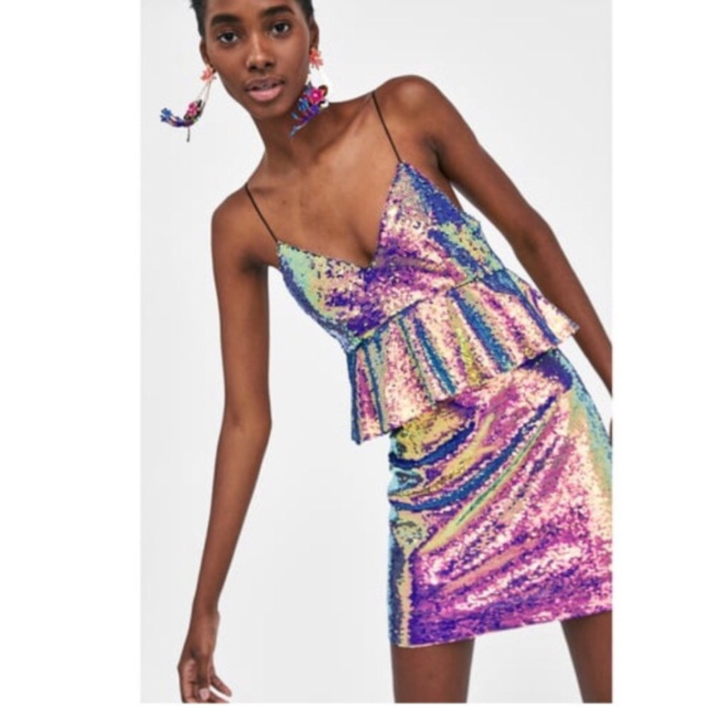 “Zara" gorgeous multi-colored sequined mini dress w/ spaghetti straps & peplum - Picture 3 of 16